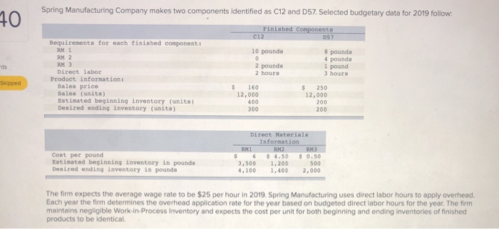  Spring Manufacturing Company makes two components identified as C12 and D57