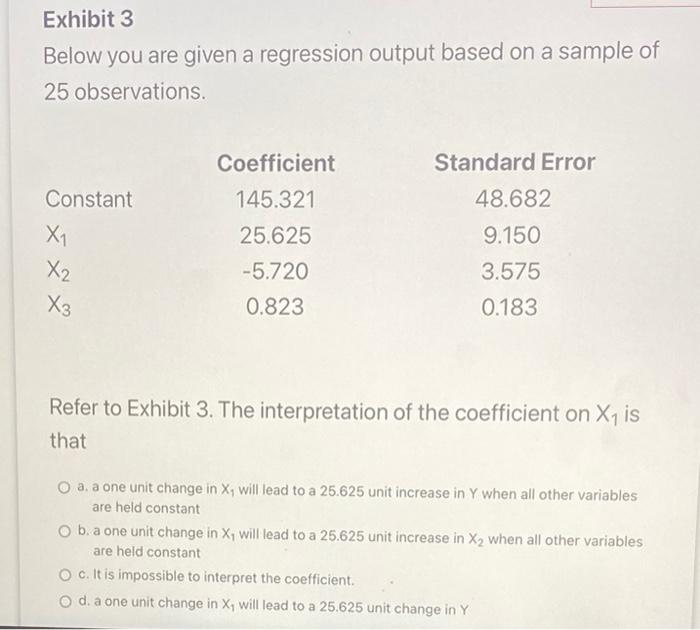 Exhibit 3 Below you are given a regression output based on