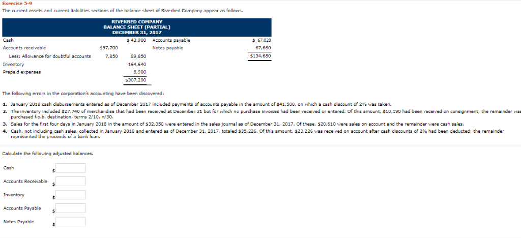 Exercise 5-9 The current assets and current liabilities sections of the