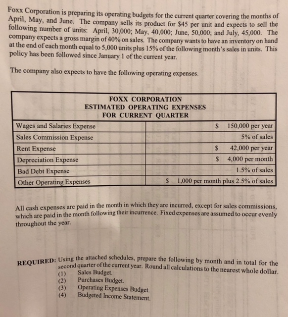  Foxx Corporation is preparing its operating budgets for the current quarter