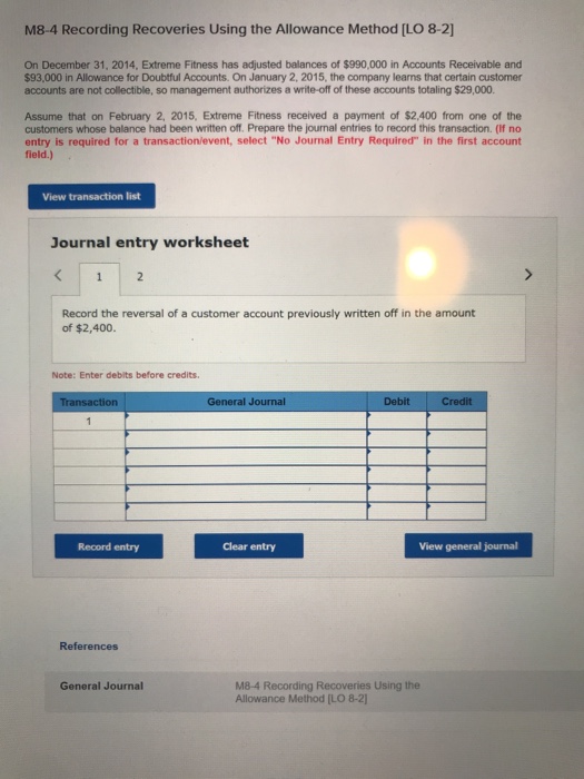  M8-4 Recording Recoveries Using the Allowance Method [LO 8-2] On December