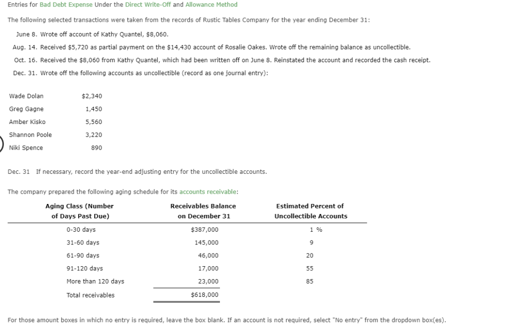 Entries for Bad Debt Expense Under the Direct Write-Off and Allowance