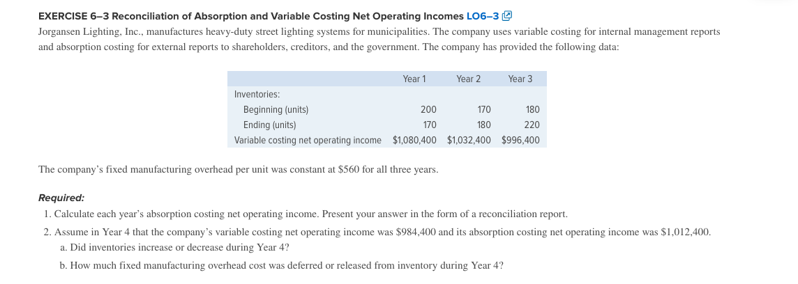 EXERCISE 6-3 Reconciliation of Absorption and Variable Costing Net Operating Incomes