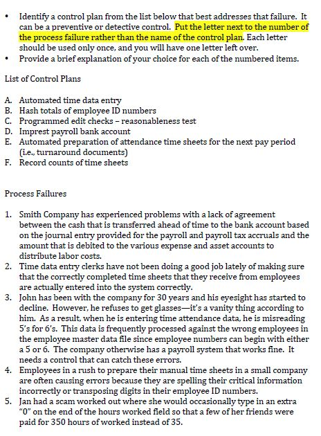 Identify a control plan from the list below that best addresses