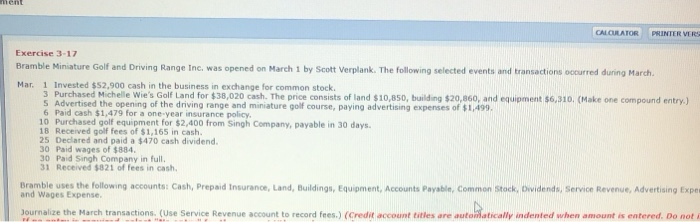  CALCULATOR PRINTER VERS Exercise 3-17 Bramble Miniature Golf and Driving Range