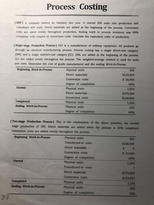  Costing Process [EUP] A company started its business this year. It