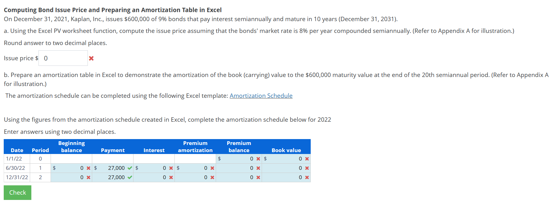 Computing Bond Issue Price and Preparing an Amortization Table in Excel