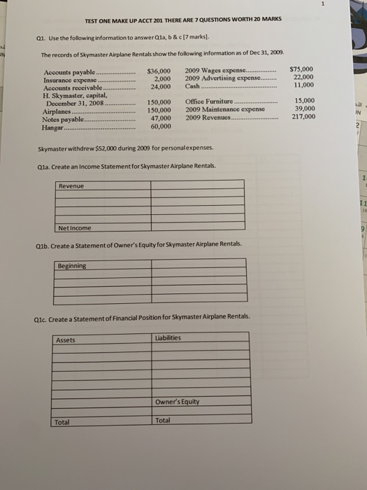  1 TEST ONE MAKE UP ACCT 201 THERE ARE 7 QUESTIONS