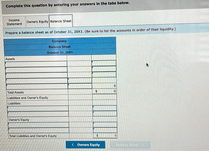 in the tabs below. Prepare a balance sheet as of October 31,201.