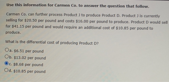  Use this information for Carmen Co. to answer the question that