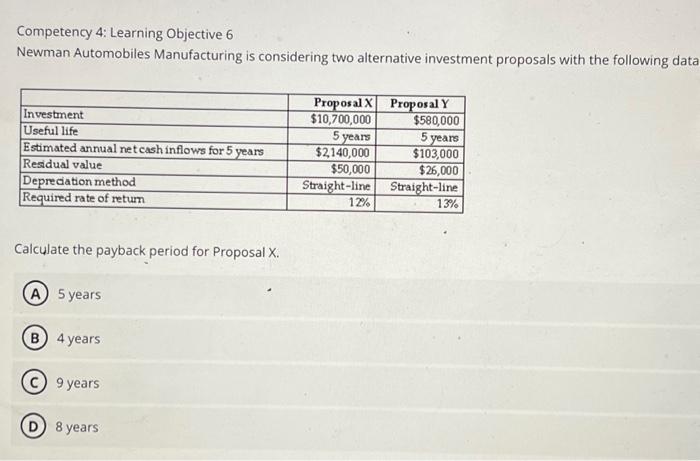 Competency 4: Learning Objective 6 Newman Automobiles Manufacturing is considering two