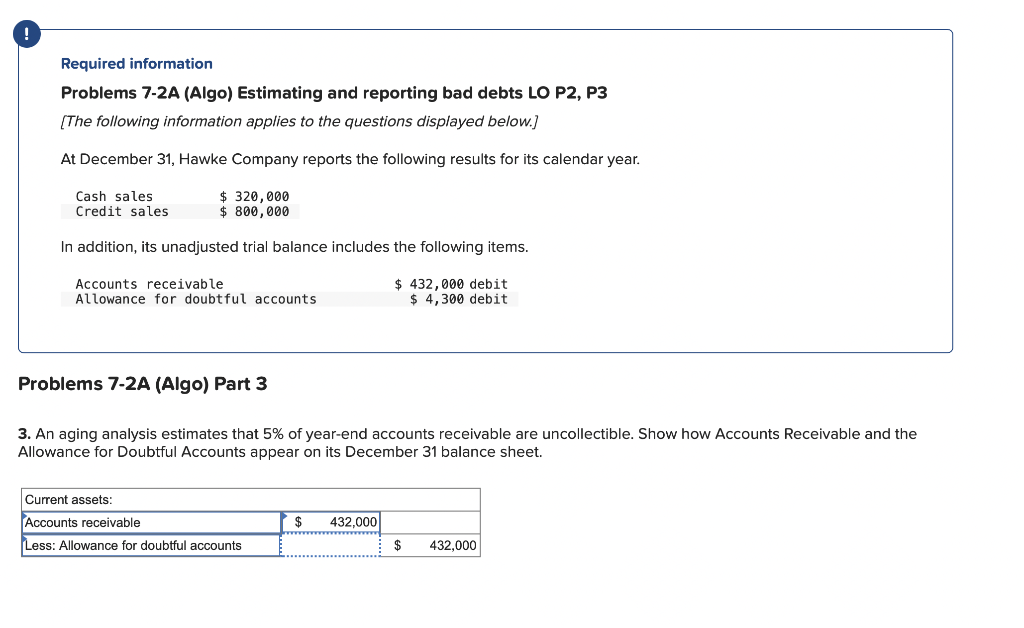  Required information Problems 7-2A (Algo) Estimating and reporting bad debts LO