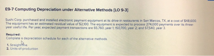  E9-7 Computing Depreciation under Alternative Methods [LO 9-3] Sushi Corp. purchased