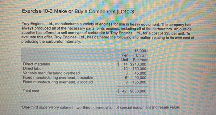  Exercise 10-3 Make or Buy a Component [LO10-3] Troy Engines, Ltd.,