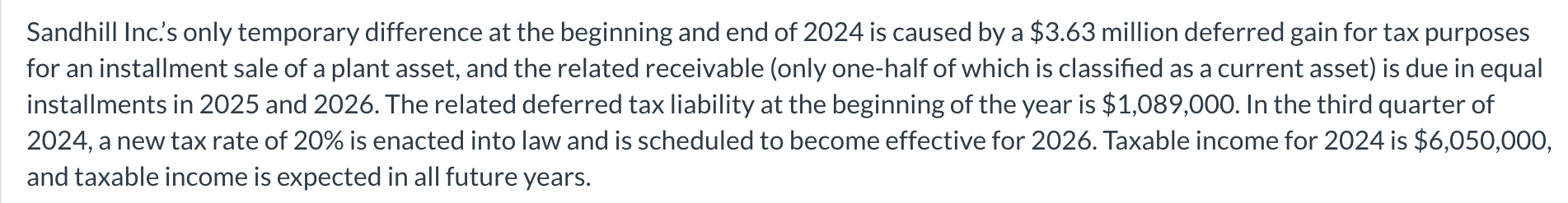 PLEASE SOLVE INCOME STATEMENT. Sandhill Inc.'s only temporary difference at the