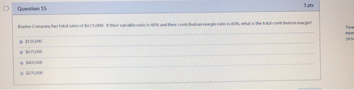 1 pts Question 15 If their variable ratio is 40 %