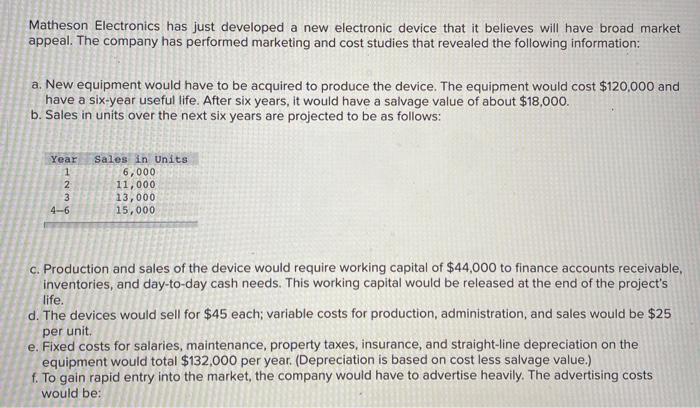  Matheson Electronics has just developed a new electronic device that it