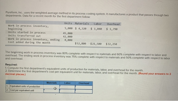  Pureform, Inc., uses the weighted average method in its process costing