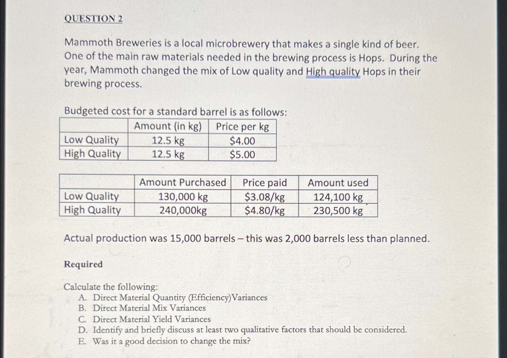  QUESTION 2 Mammoth Breweries is a local microbrewery that makes a