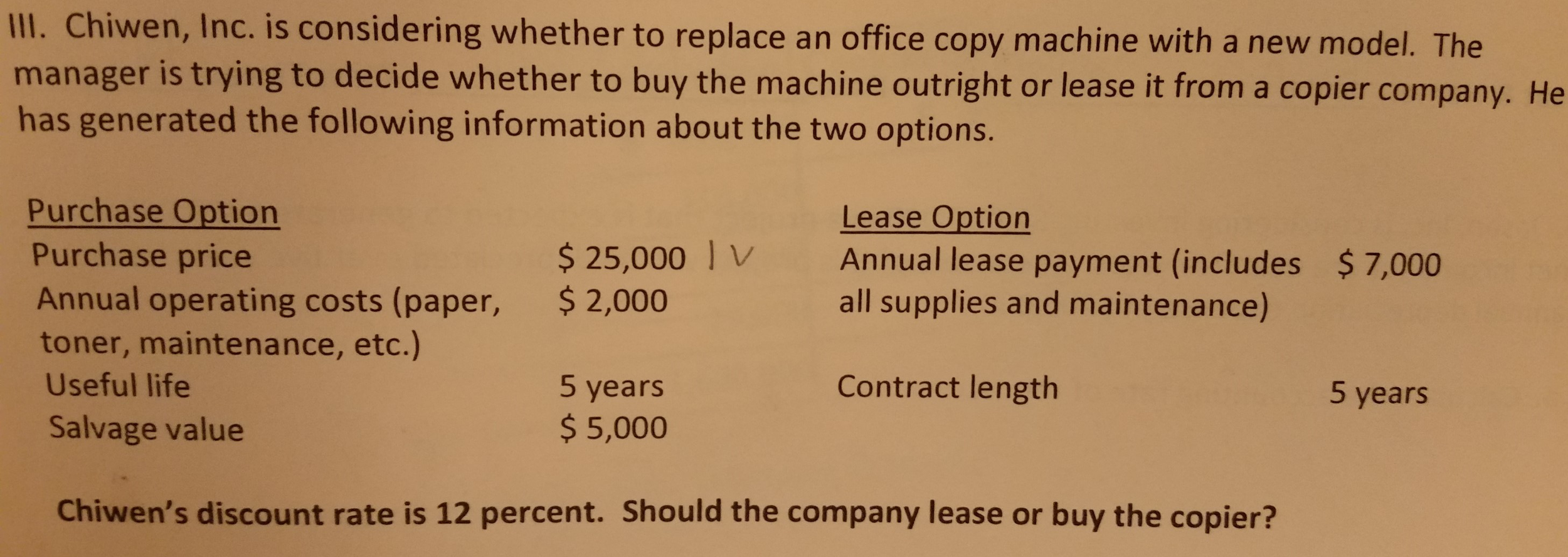  Chiwen, Inc. is considering whether to replace an office copy machine