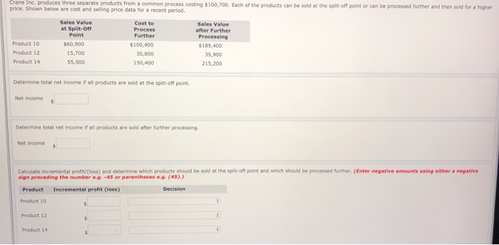  Crane Inc. produces three separate products from a common process costing
