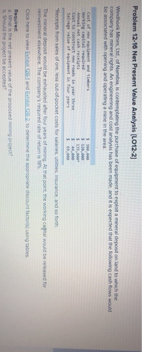  Problem 12-16 Net Present Value Analysis [LO12-2] Windhoek Mines, Ltd. of