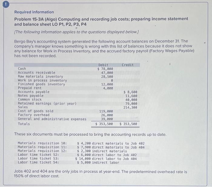  Please Help! Required information Problem 15-3A (Algo) Computing and recording job
