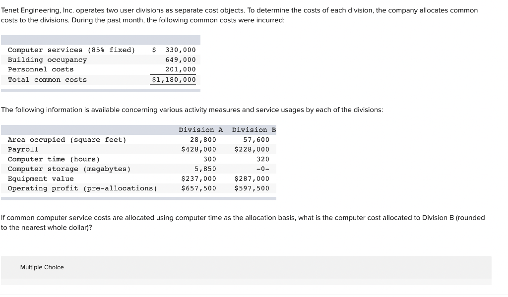 Tenet Engineering, Inc. operates two user divisions as separate cost objects.