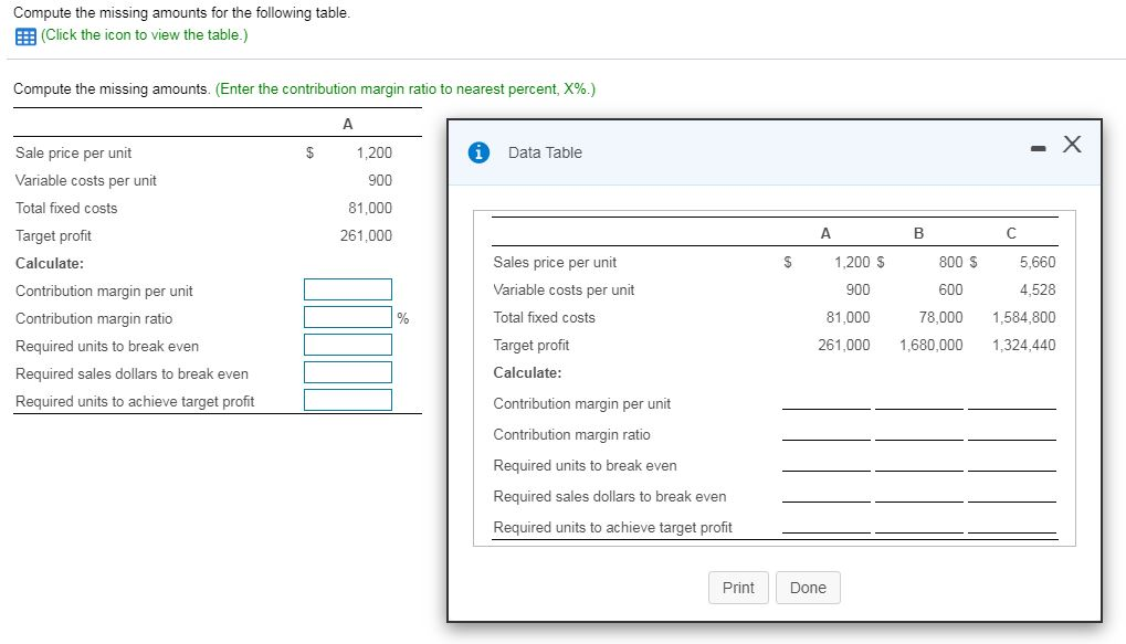 Compute the missing amounts for the following table EEB (Click the
