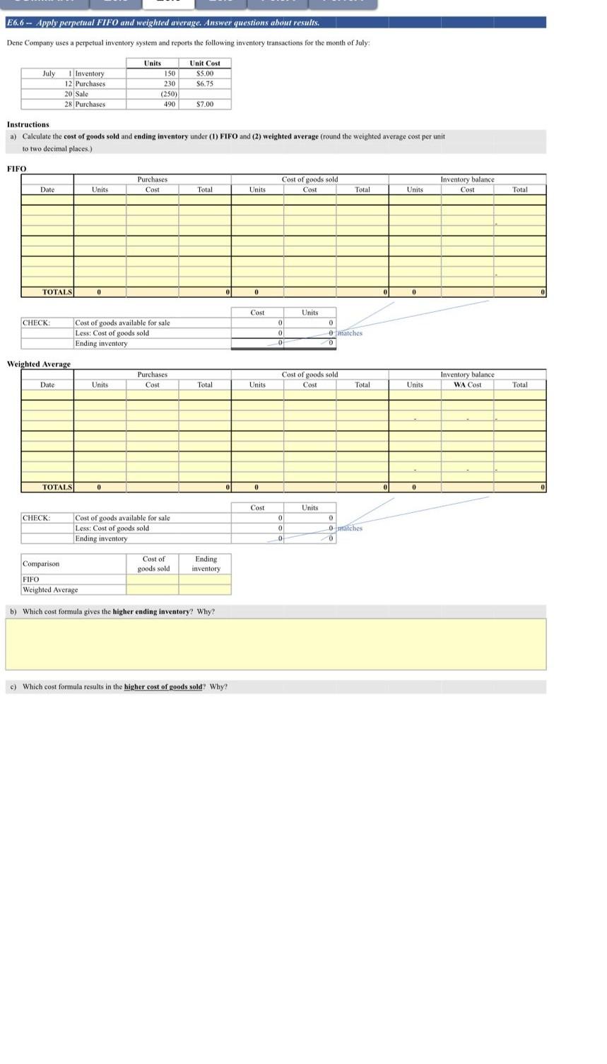 E6.6 - Apply perpetual FIFO and weighted average. Answer questions about