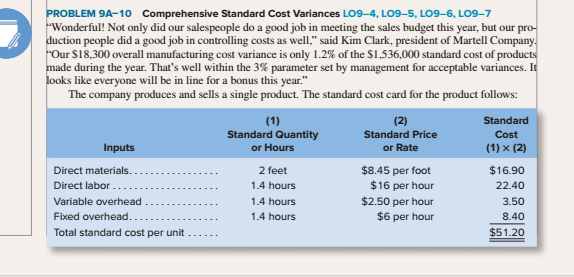 Please answer clear and correct answers PROBLEM 9A-10 Comprehensive Standard Cost Variances