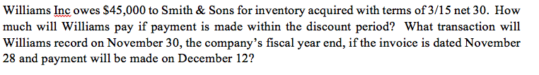 Williams Inc owes $45,000 to Smith & Sons for inventory acquired