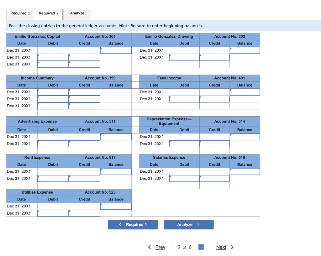 balances: Required: 1. Journalize the closing entries in the general journal. 2.