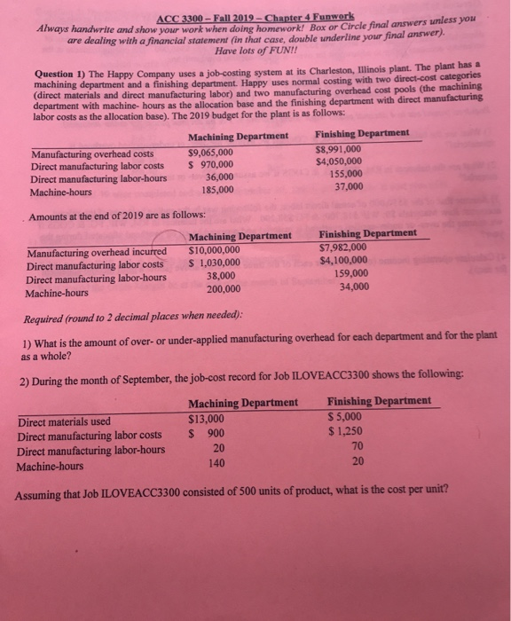 job costing ACC 3300 - Fall 2019 - Chapter 4 Funwork Aways