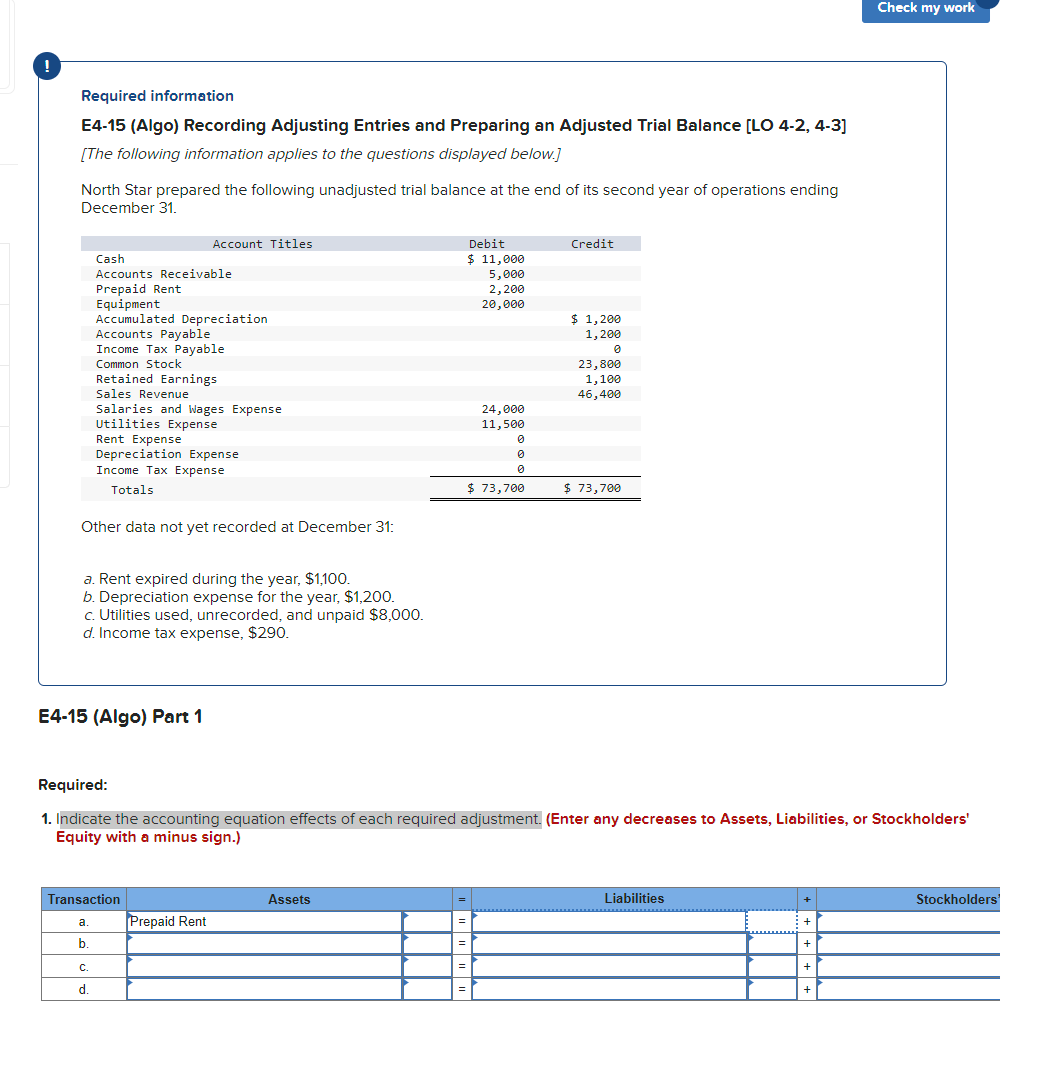  Required information E4-15(Algo) Recording Adjusting Entries and Preparing an Adjusted Trial