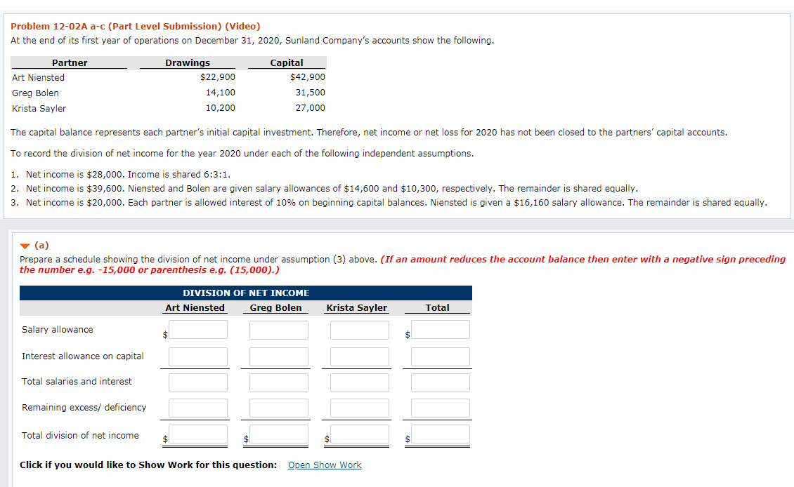  Problem 12-02A a-c (Part Level Submission) (Video) At the end of