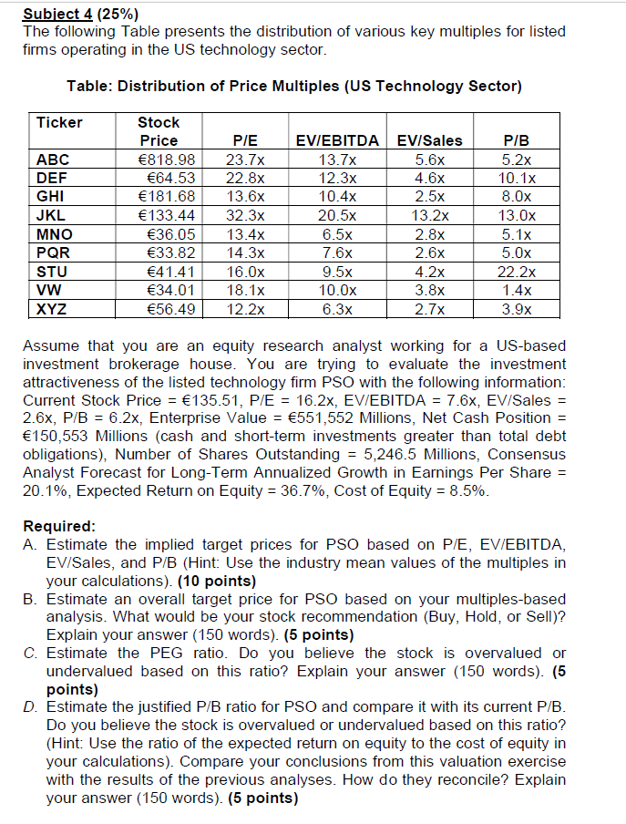  I need analytical calculation and justfications for A,B,C,D Subject 4 (25%)