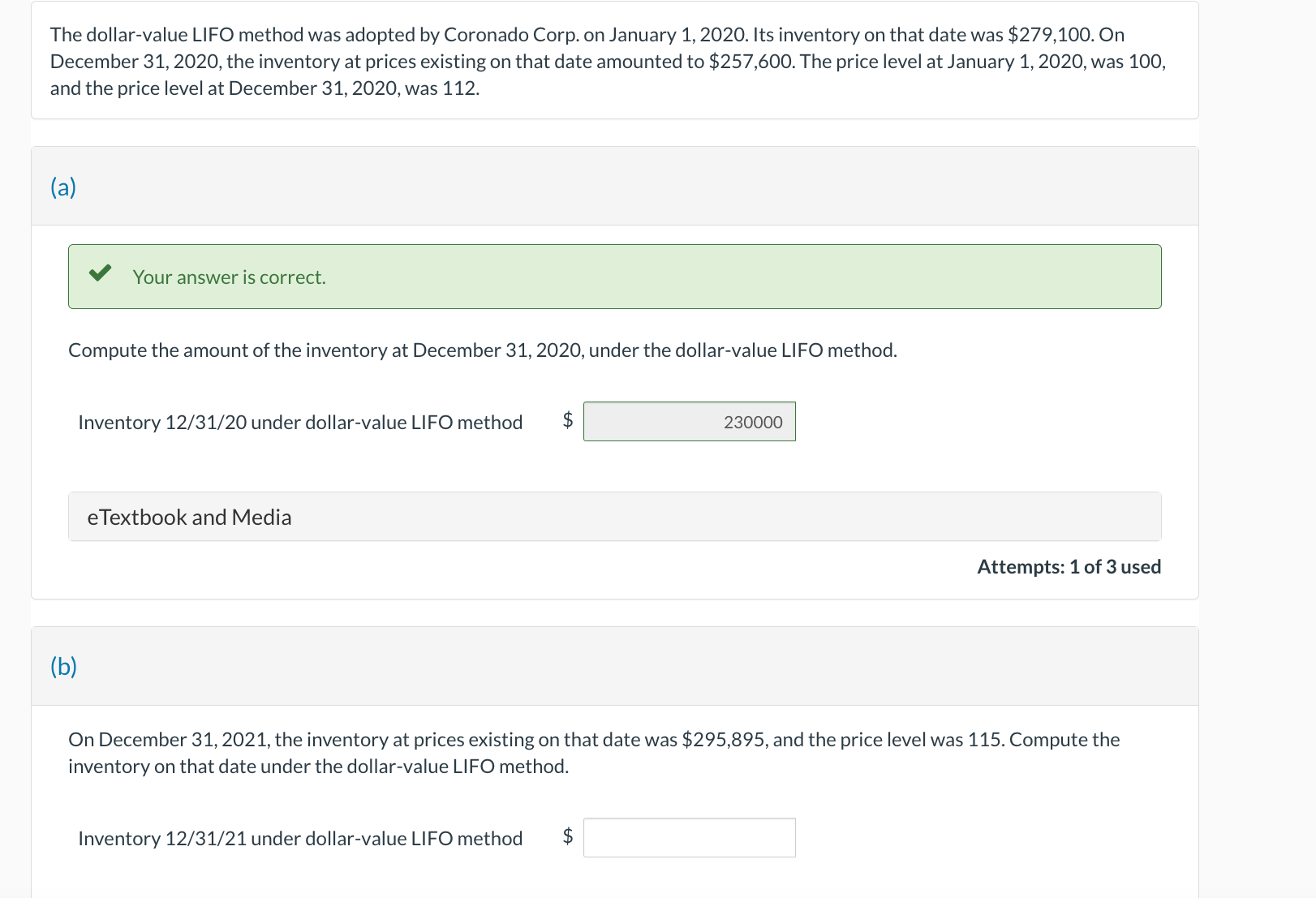 please help on B The dollar-value LIFO method was adopted by Coronado