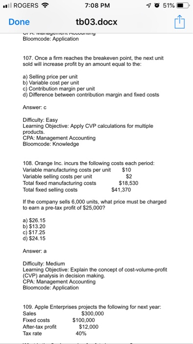 help please ! ROGERS 7:08 PM Done tb03.docx CPA: Management Accounting Bloomcode: