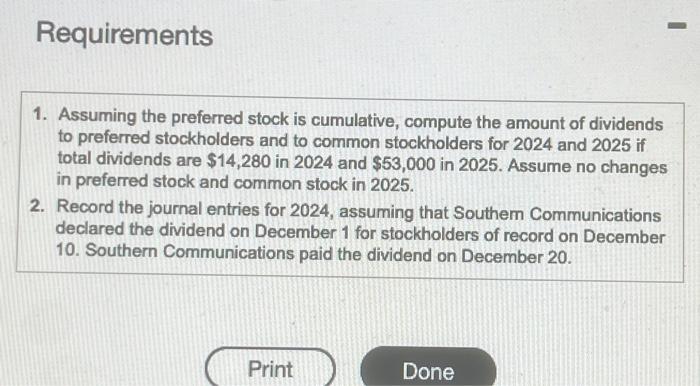 dividends to preferred stockholders and to common stockholders for 2024 and 2025