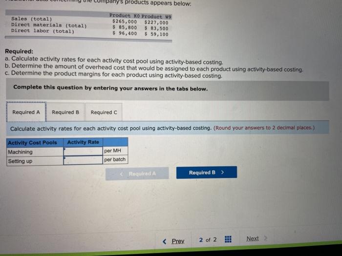activity cost pools-Machining. Setting Up, and other. The company's overhead costs have