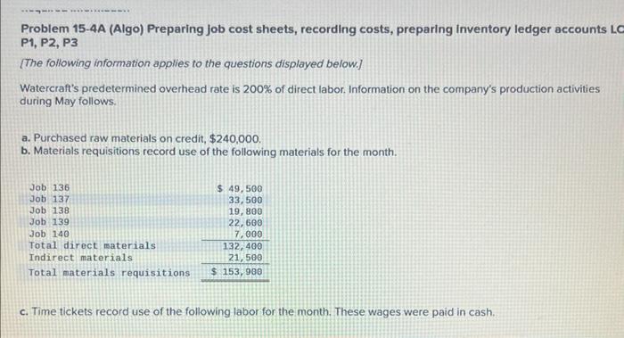  Problem 15-4A (Algo) Preparing job cost sheets, recording costs, preparing inventory