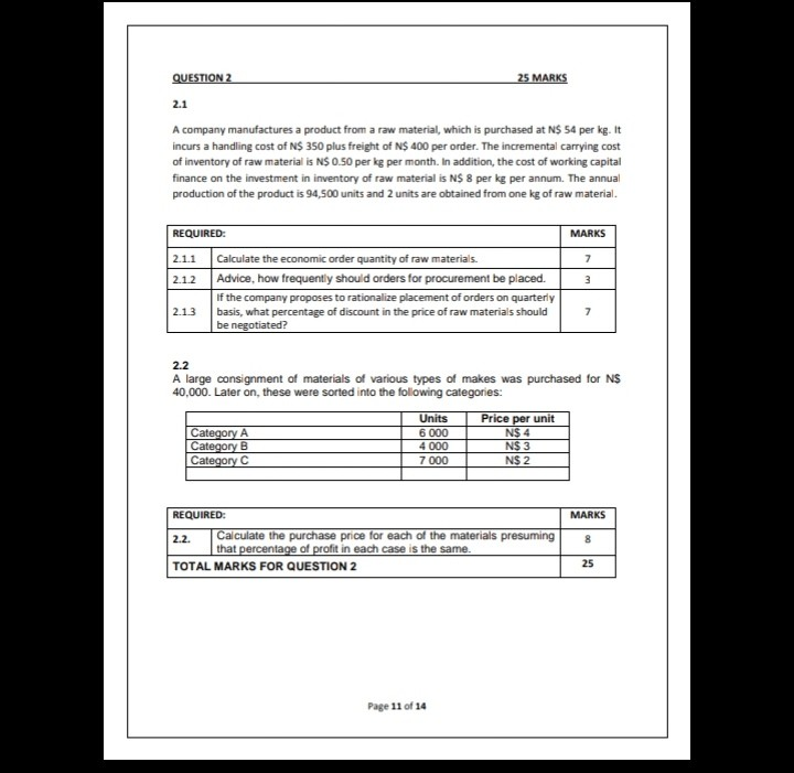 Management accounting please answer the question below fully 2.1 A company