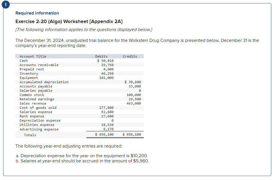  Required information Exercise 2-20 (Algo) Worksheet [Appendix 2A] [The following information