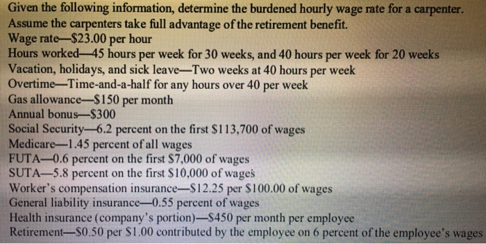  CONSTRUCTION COST ESTIMATING Given the following information, determine the burdened hourly