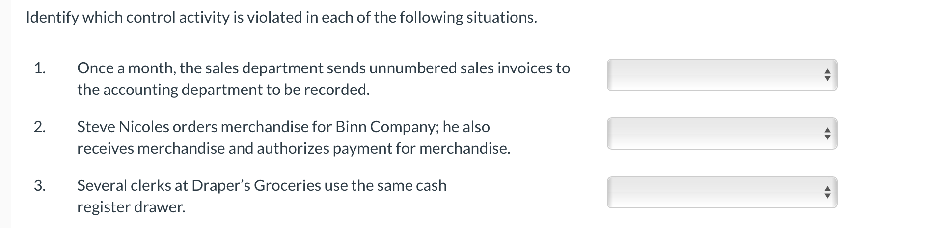 Accounting 101 Identify which control activity is violated in each of the