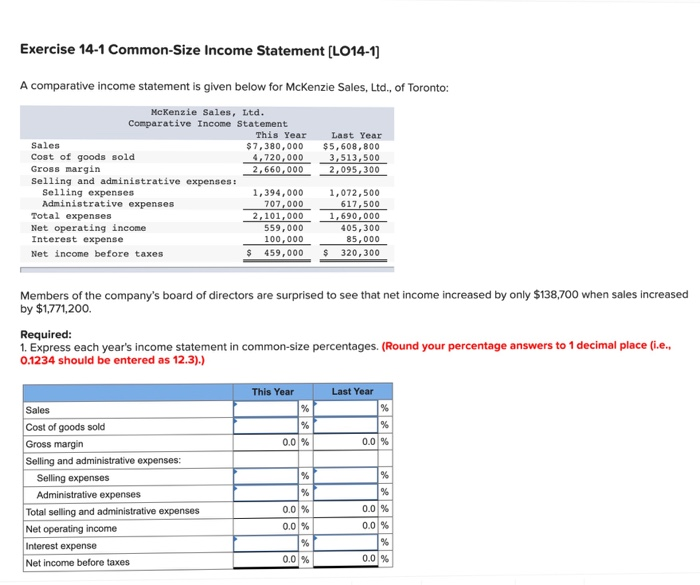  Exercise 14-1 Common-Size Income Statement (LO14-1] A comparative income statement is