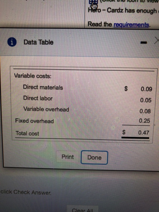 Direct materials Direct labor Variable overhead $0.09 0.05 0.08 0.25 Fixed overhead