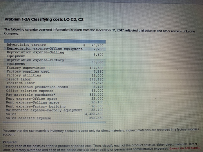  Problem 1-2A Classifying costs LO C2, C3 The following calendar year-end