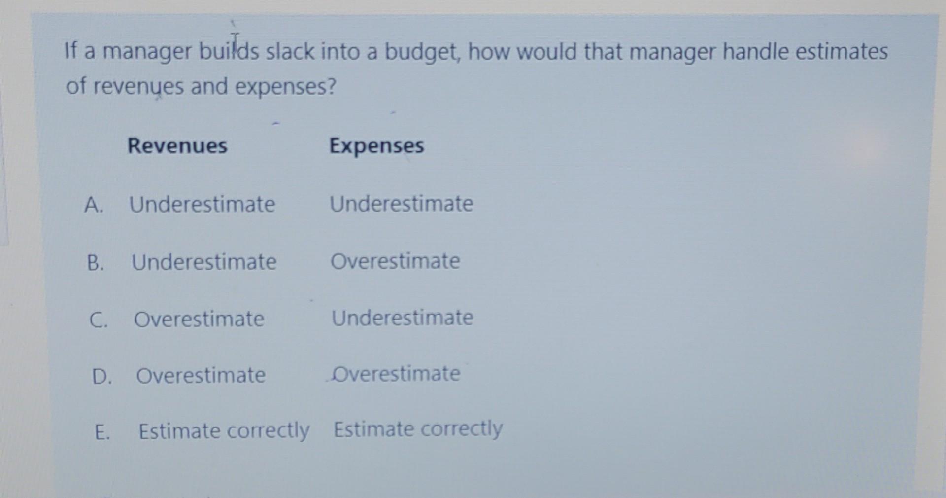  If a manager builds slack into a budget, how would that